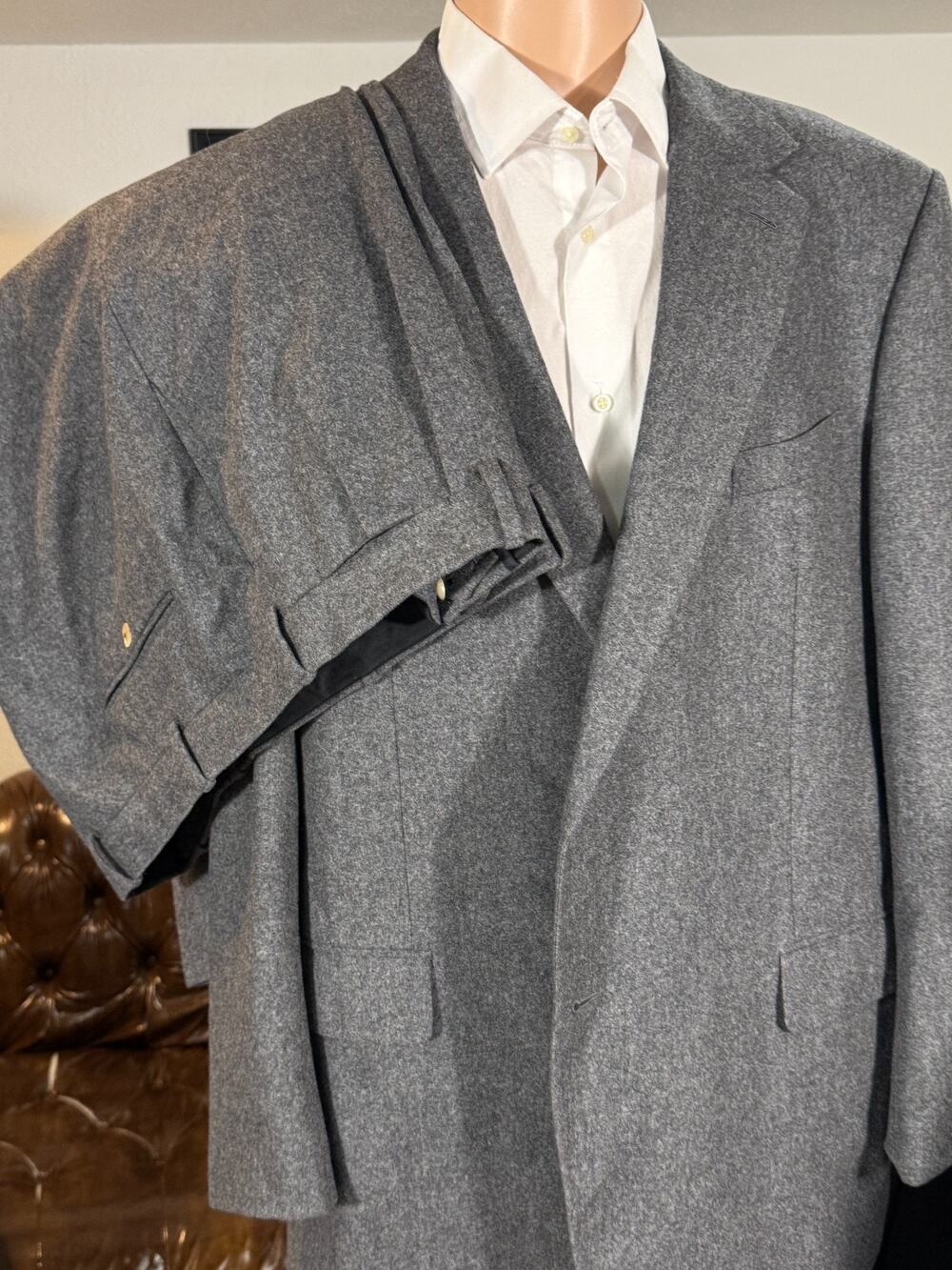 Caruso Charcoal Flannel 2Piece Heavyweight Tweed Suit 60IT 50R US 44x27 Trousers